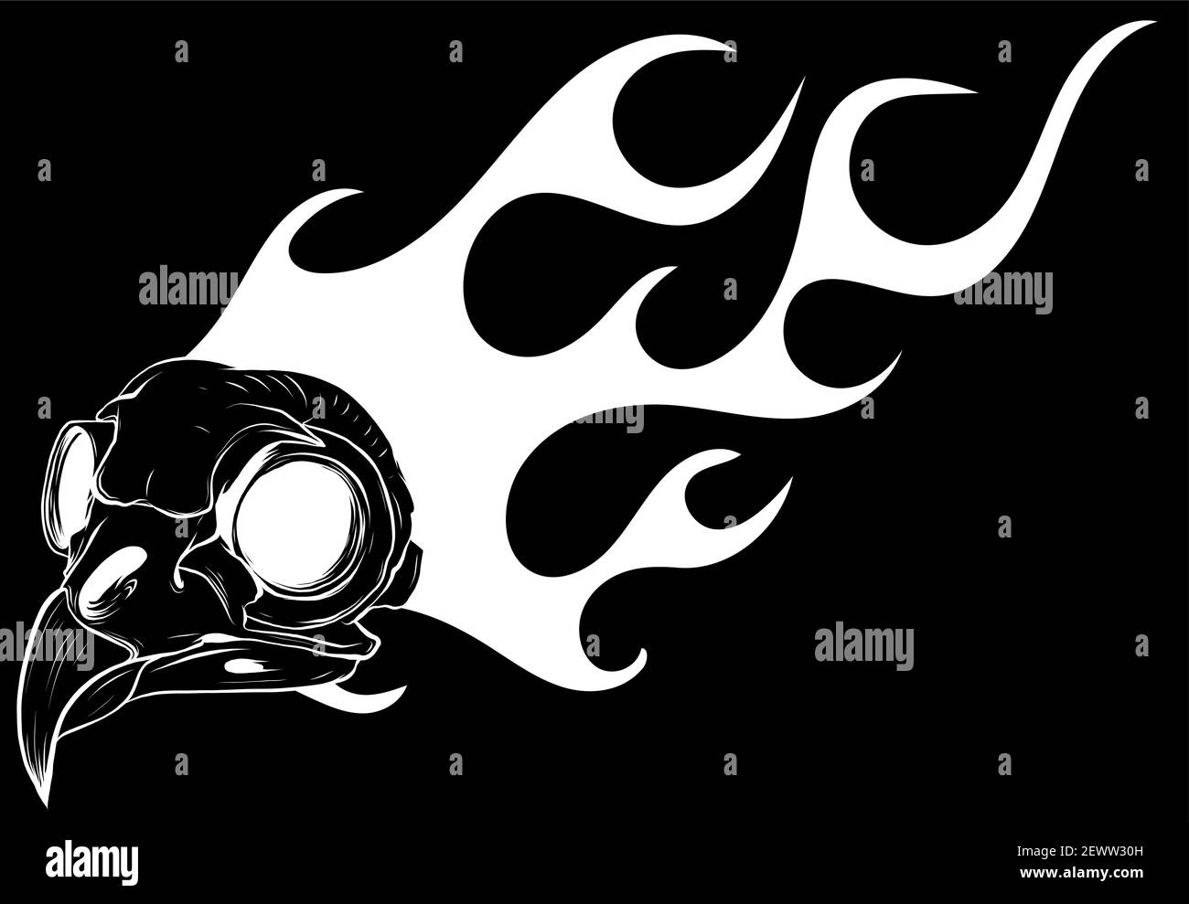 Silhouette Cartoon Illustration eines Vogelschädels mit Flammen Stock Vektor