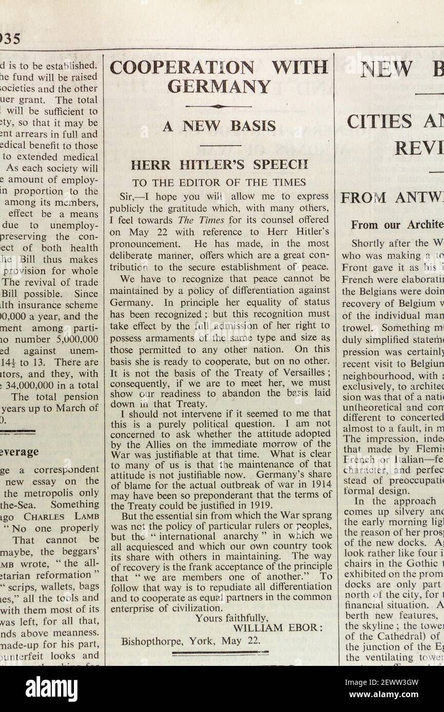 Brief an den Herausgeber, der besagt, dass Großbritannien das Recht Deutschlands auf Wiederbewaffnung nach dem Versailler Vertrag unterstützen sollte, Times, London, UK, Fr 24th. Mai 1935. Stockfoto