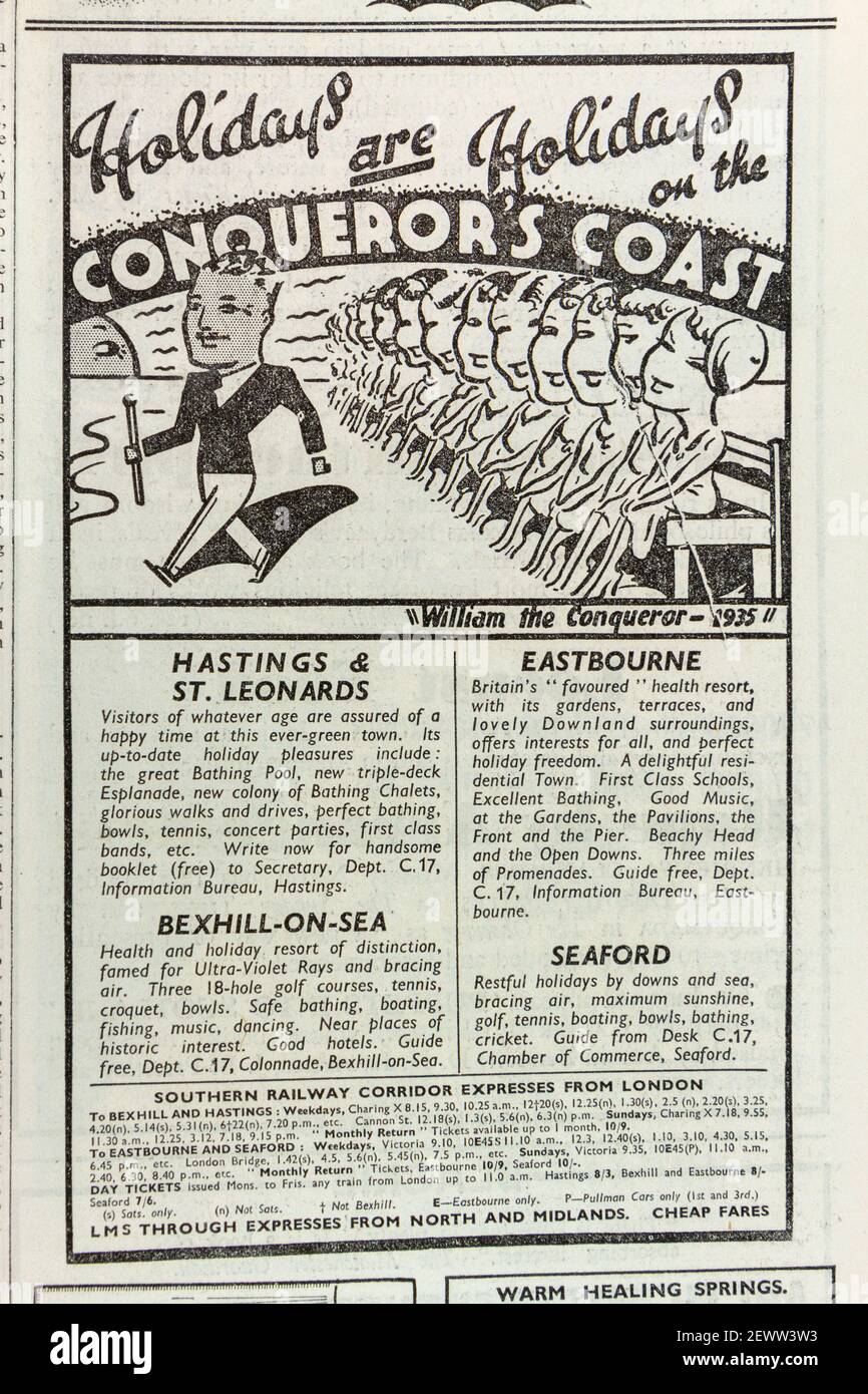 Werbung für Feiertage an der Küste des Eroberers (Südküste), einschließlich Hastings, Eastbourne usw., The Times, London, Großbritannien, Freitag, 24th. Mai 1935. Stockfoto