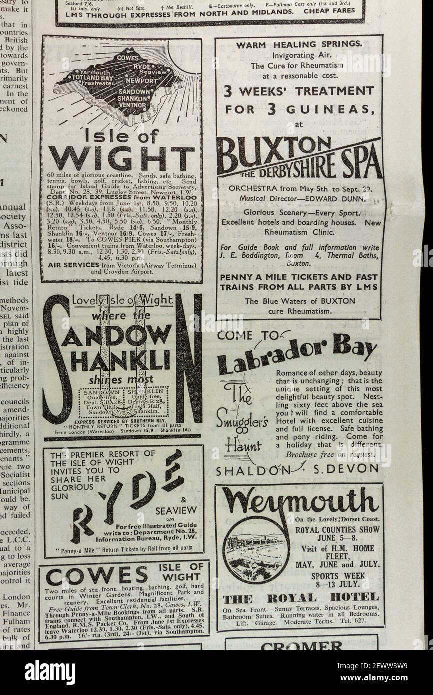 Anzeige für Feiertage an der Südküste Großbritanniens (Weymouth, Isle of Eight usw.) in der Zeitung Times, London, Großbritannien, Freitag, 24th. Mai 1935. Stockfoto