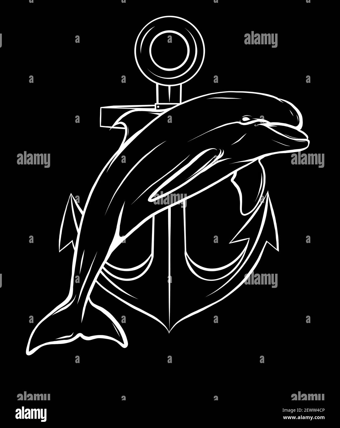 Silhouette Delfin um einen Anker mit einem Seil, ein altes Symbol des Meeres, Vektor-Illustration Stock Vektor