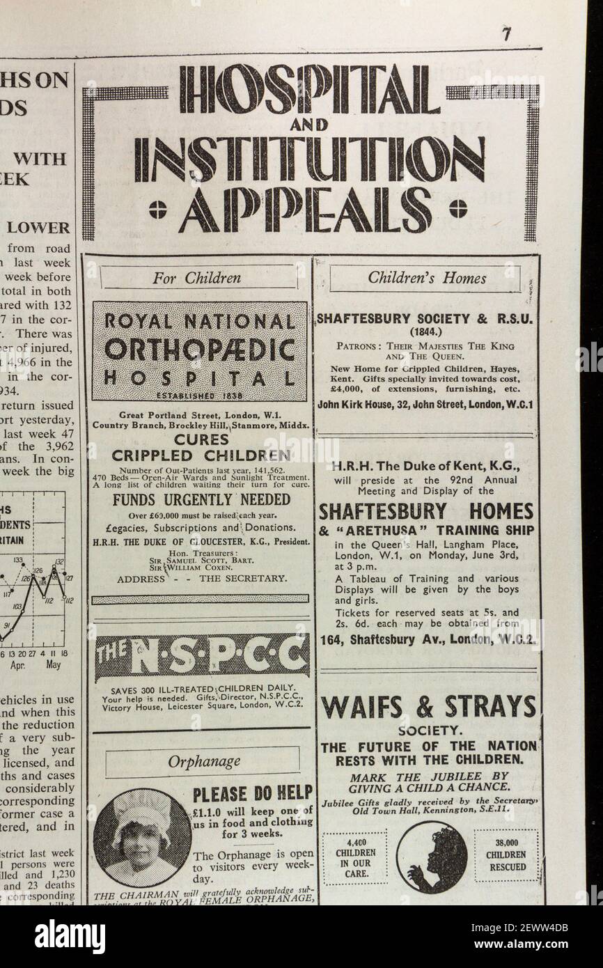 Charity appelliert für verschiedene Krankenhäuser und andere Institutionen in der Times Zeitung, London, Großbritannien, Freitag, 24th. Mai 1935. Stockfoto