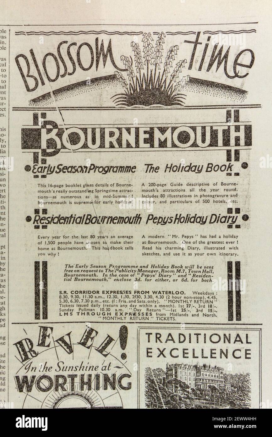 Anzeige für Feiertage in Bournemouth in der Zeitung The Times, London, Großbritannien, Freitag, 24th. Mai 1935. Stockfoto