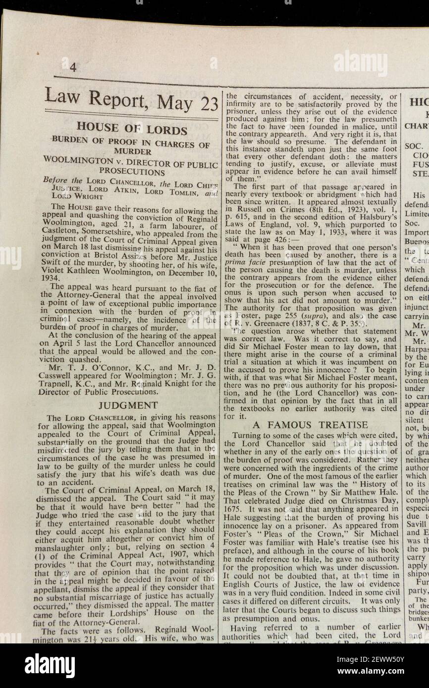 Rechtsberichte des Oberhauses in der Zeitung The Times, London, Großbritannien, Freitag, 24. Mai 1935. Stockfoto