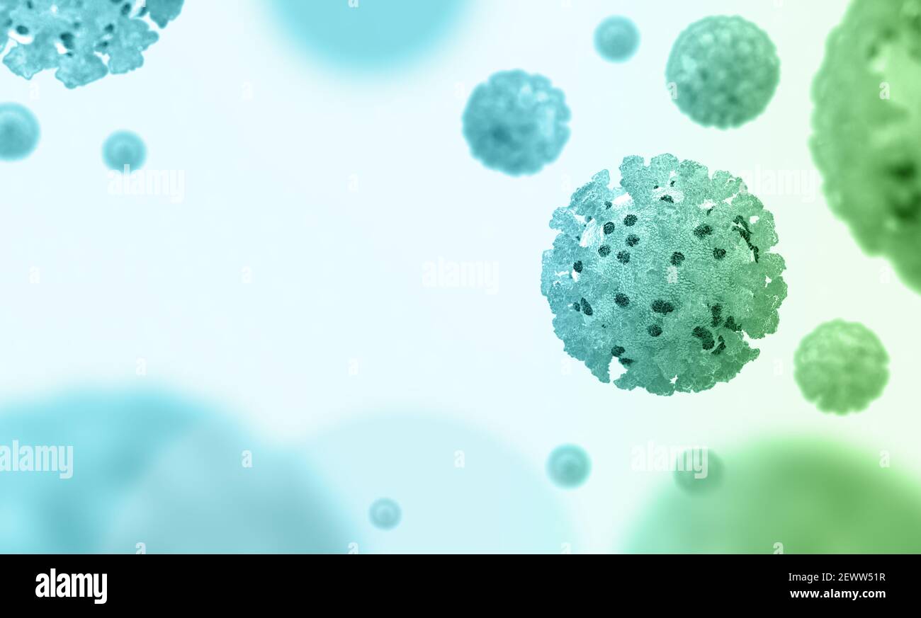 Coronavirus, Covid-19, 3D Abbildung. Blauer Zellenhintergrund. Mikroskopische Ansicht von schwimmenden Viruszellen. Influenza, 2019-ncov-Grippe. Konzept eines p Stockfoto