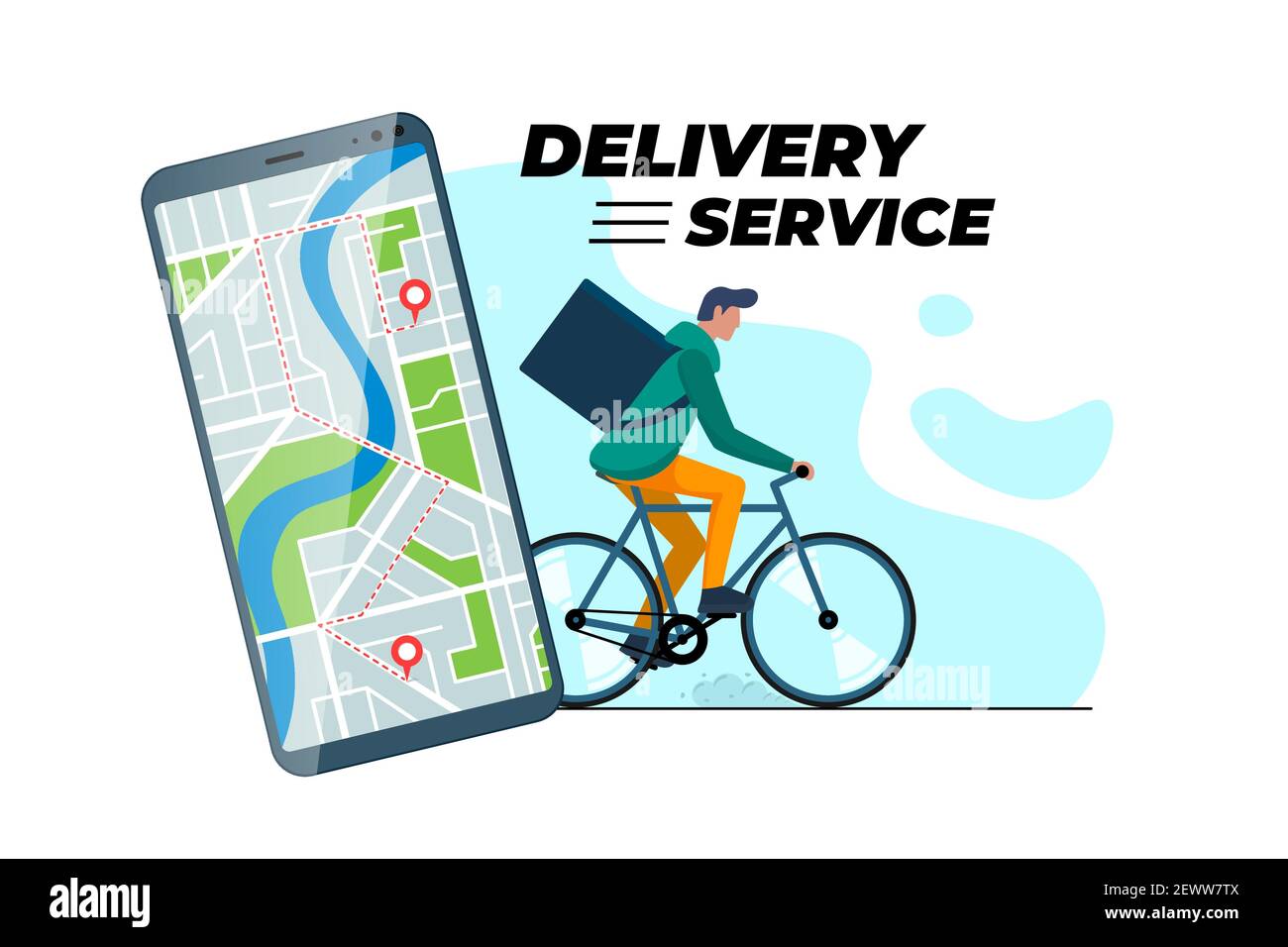 Fahrrad Lieferung Bestellung Service App Konzept. Smartphone mit Geotag gps-Ortung Pin auf Stadtstraße und Express-Versandkurier mit Rucksack. Vektor-eps-Illustration für Online-Bestellungsanwendung Stock Vektor