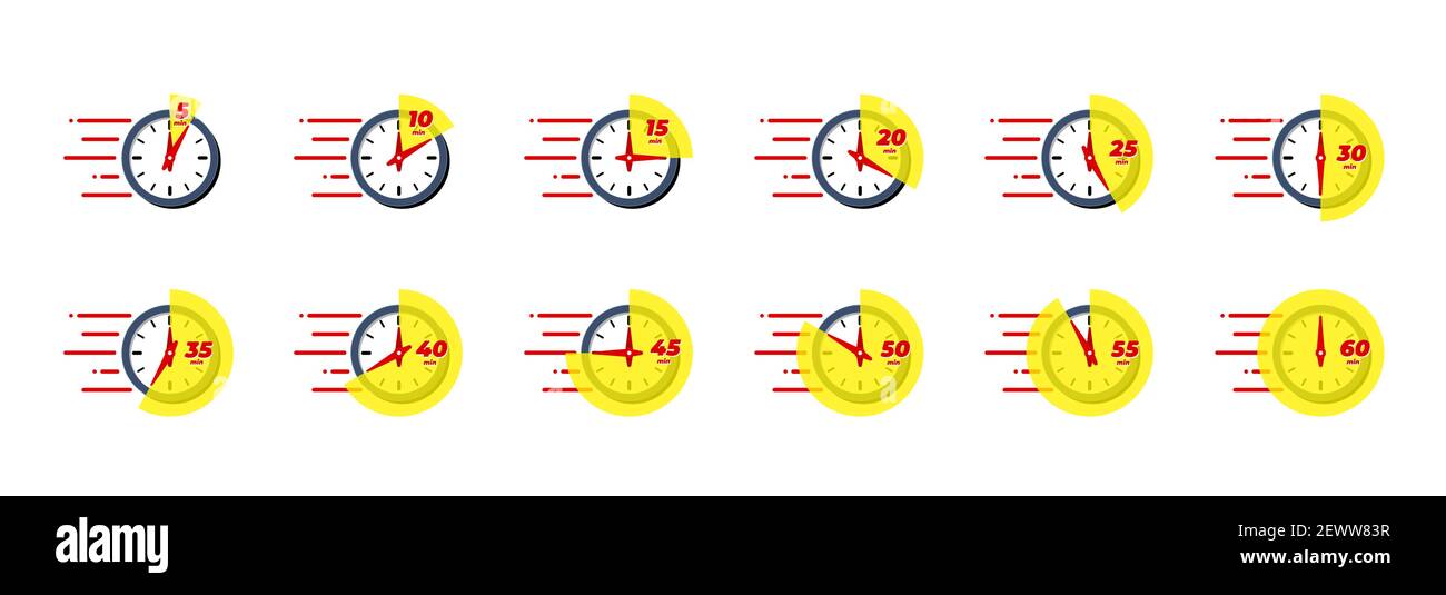 Timer und Stoppuhr-Symbol eingestellt. Kochen in der Küche oder schnelle Express-Lieferzeiten Etiketten mit verschiedenen Minuten. Sportzeituhr oder Stichtag Countdown Symbol Sammlung Vektor isoliert eps illustrieren Stock Vektor