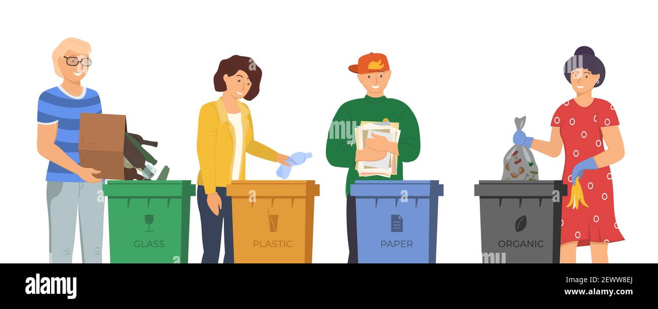Menschen, die Müll zum Recycling sortieren. Verantwortungsbewusste Männer und Frauen stehen in der Nähe von Mülleimern und legen Müll und Müll in verschiedene Behälter zur Abfallverwertung. Vektorkonzept Umwelt und Ökologie Stock Vektor