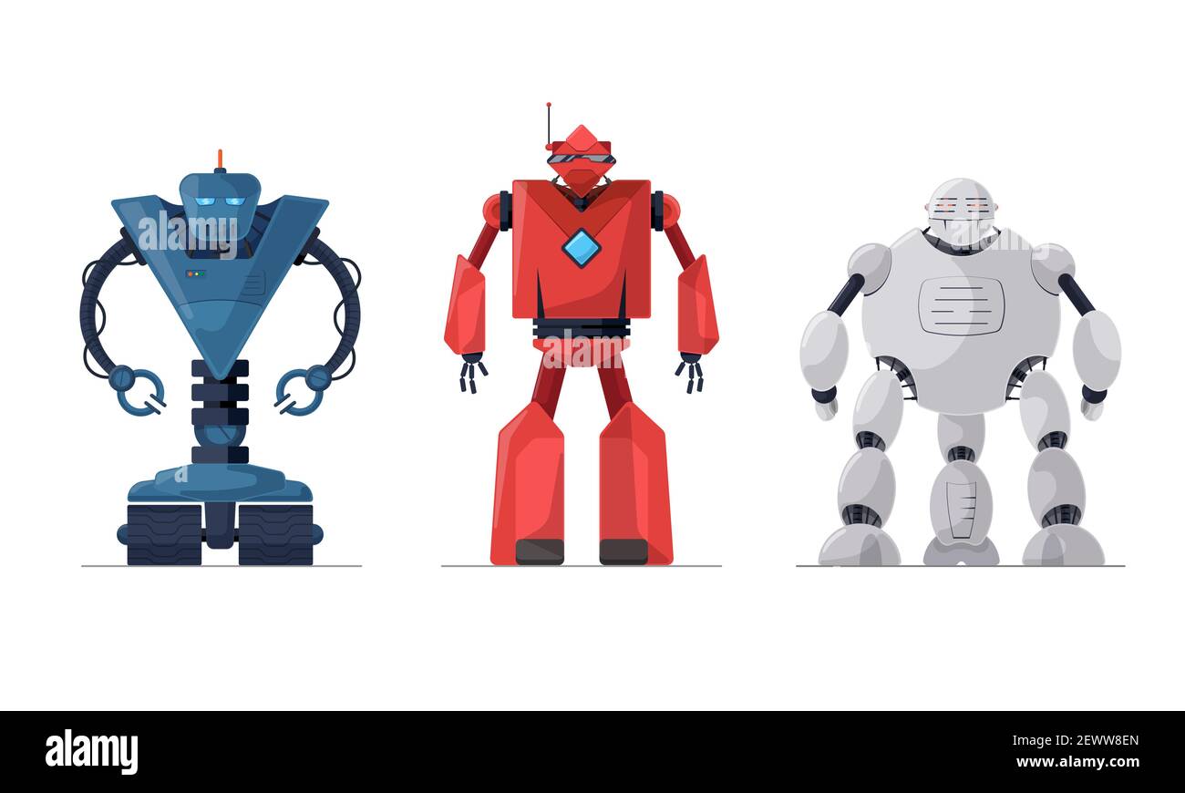 Roboter detaillierte Zeichentrickfigur isoliert gesetzt. Konzept der zukünftigen Robotertechnologie. Freundliche mechanische autonome Computer humanoide künstliche Intelligenz Assistent Vektor-Illustration Stock Vektor