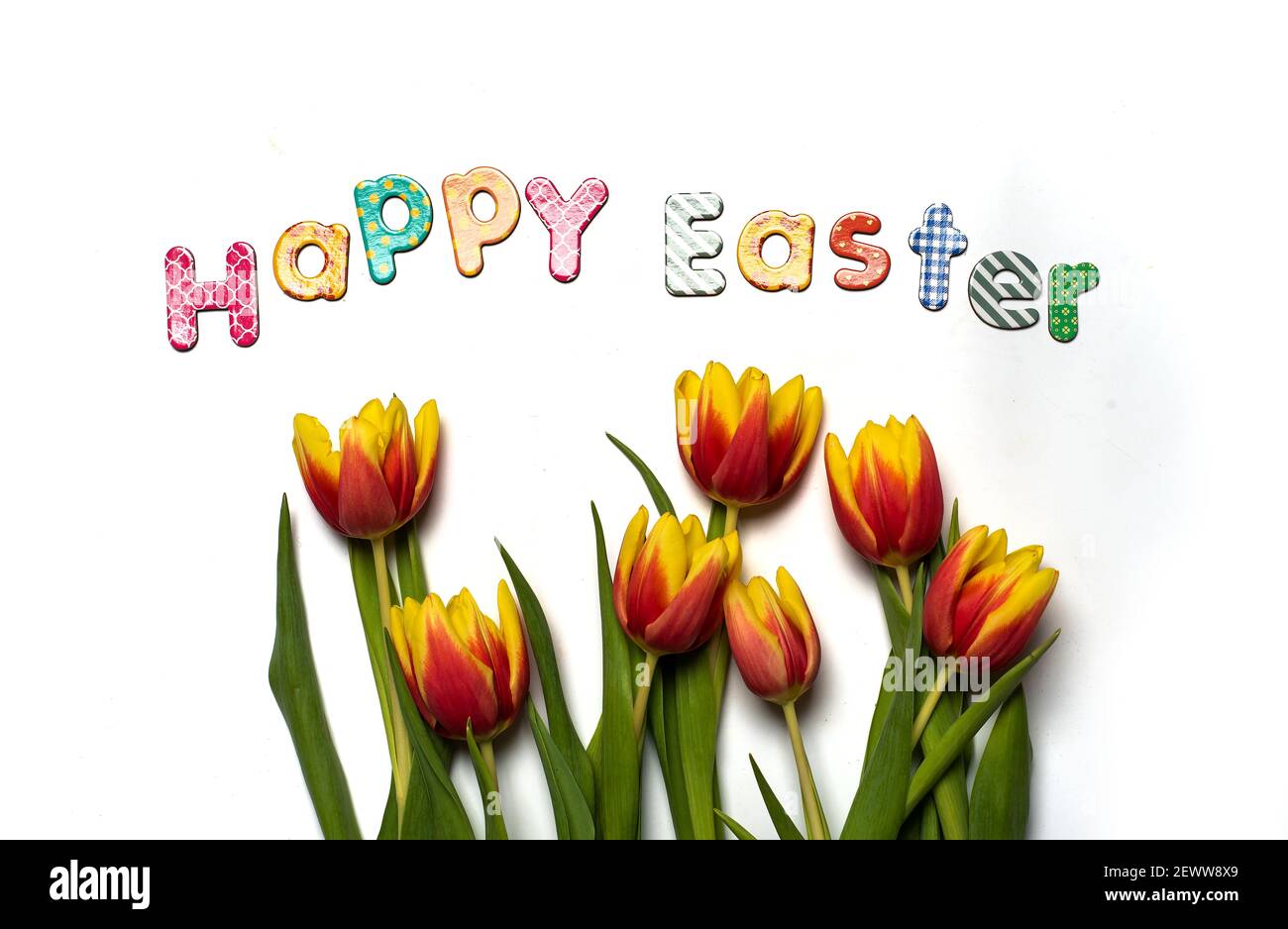 Frohe Ostern Karte mit rot und gelb zwei farbigen Tulpe Blumen auf weißem Hintergrund Draufsicht flach legen Stockfoto