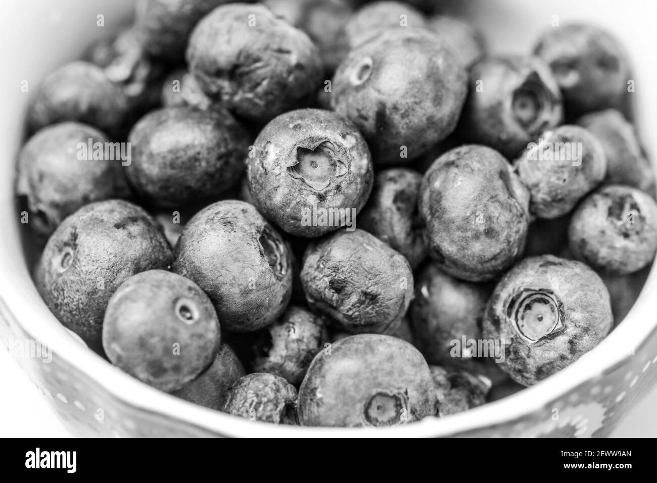 Rohe leckere Heidelbeeren in Schüssel für gemütlich lecker essen in Schwarz und Weiß Stockfoto