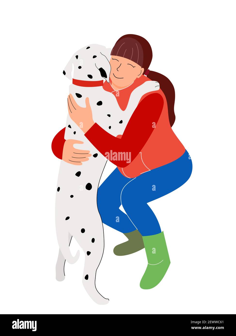 Mädchen umarmt dalmatinischen Hund isoliert auf weißem Hintergrund. Vektorgrafik. Stock Vektor