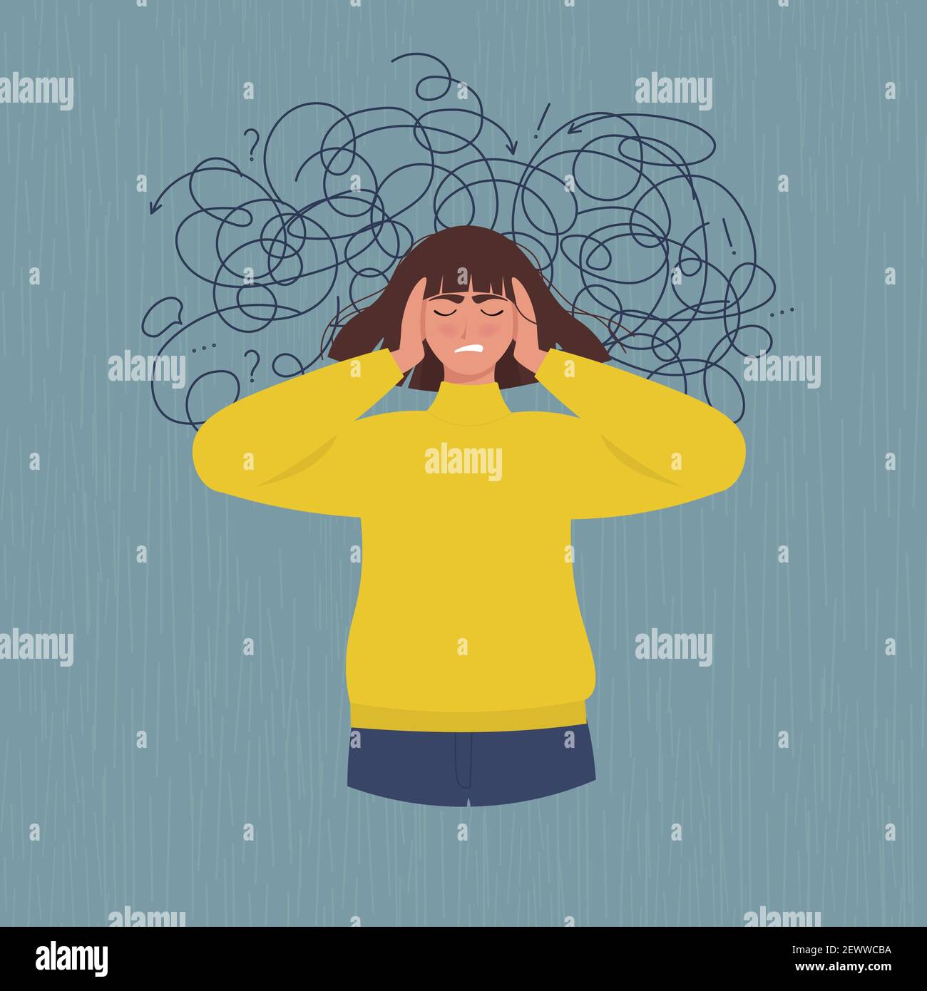 Geistige Unordnung und Chaos im menschlichen Geist. Frau leidet an Depressionen, Stress. Vektorgrafik im flachen Stil Stock Vektor