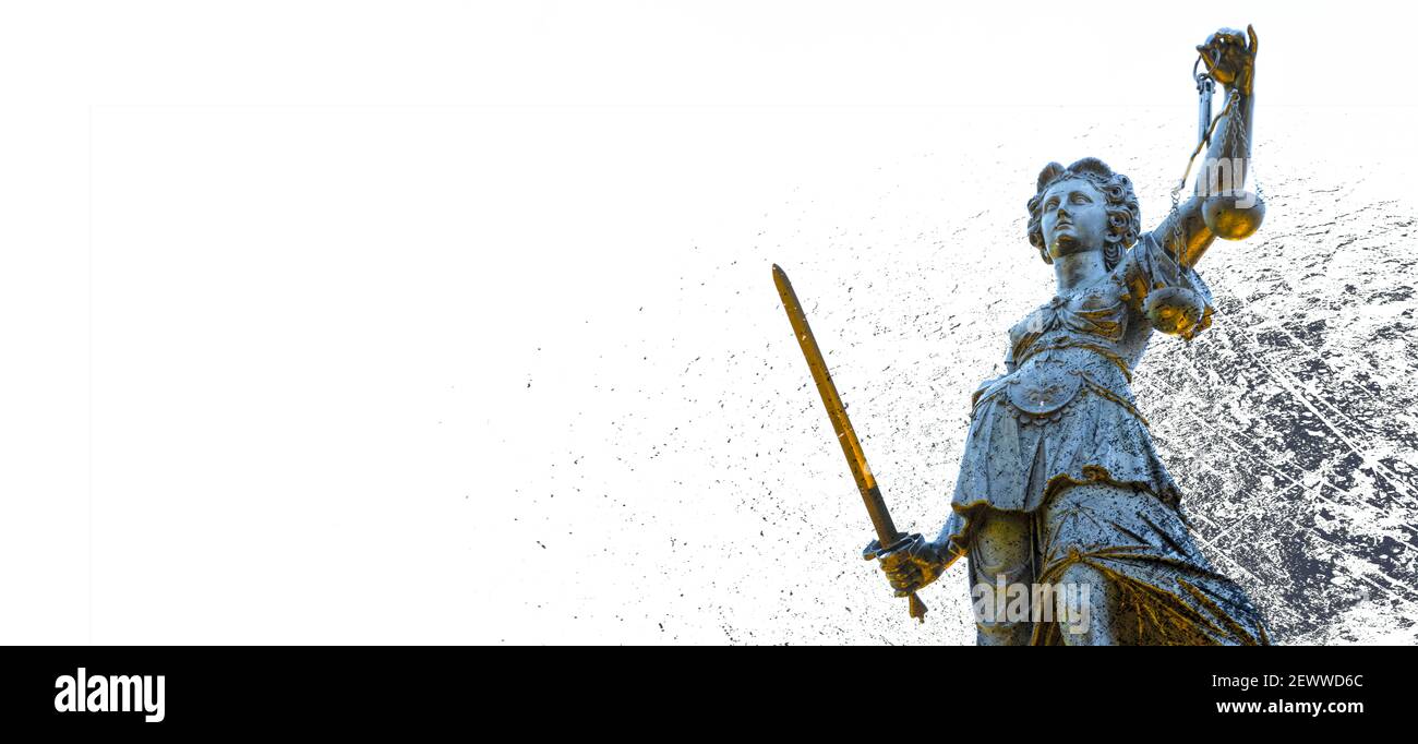 Lady Justice oder justitia - Detail einer Statue hält Balance Skalen - Recht Rechtsprechung und Unparteilichkeit Symbol. Weißes Banner mit Platz für Text Stockfoto