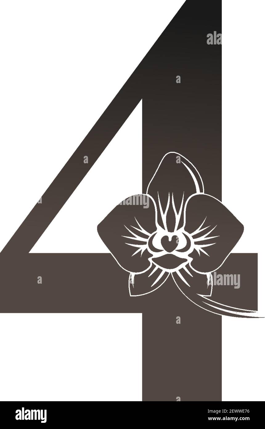 Nummer 4 Logo-Symbol mit schwarzer Orchidee Design Vektor Illustration Stock Vektor