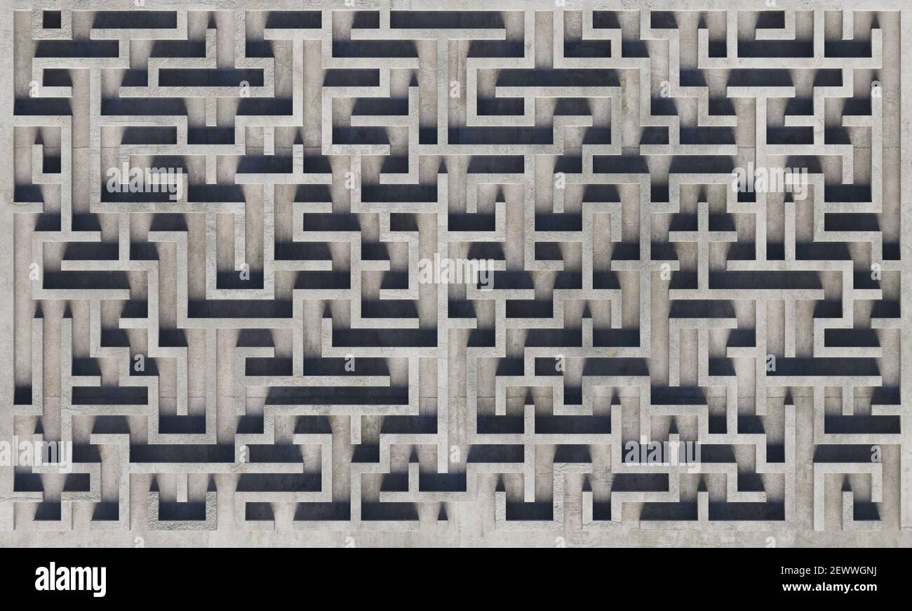 Draufsicht auf ein graues Betonlabyrinth mit weichen Schatten. 3d-Rendering Stockfoto