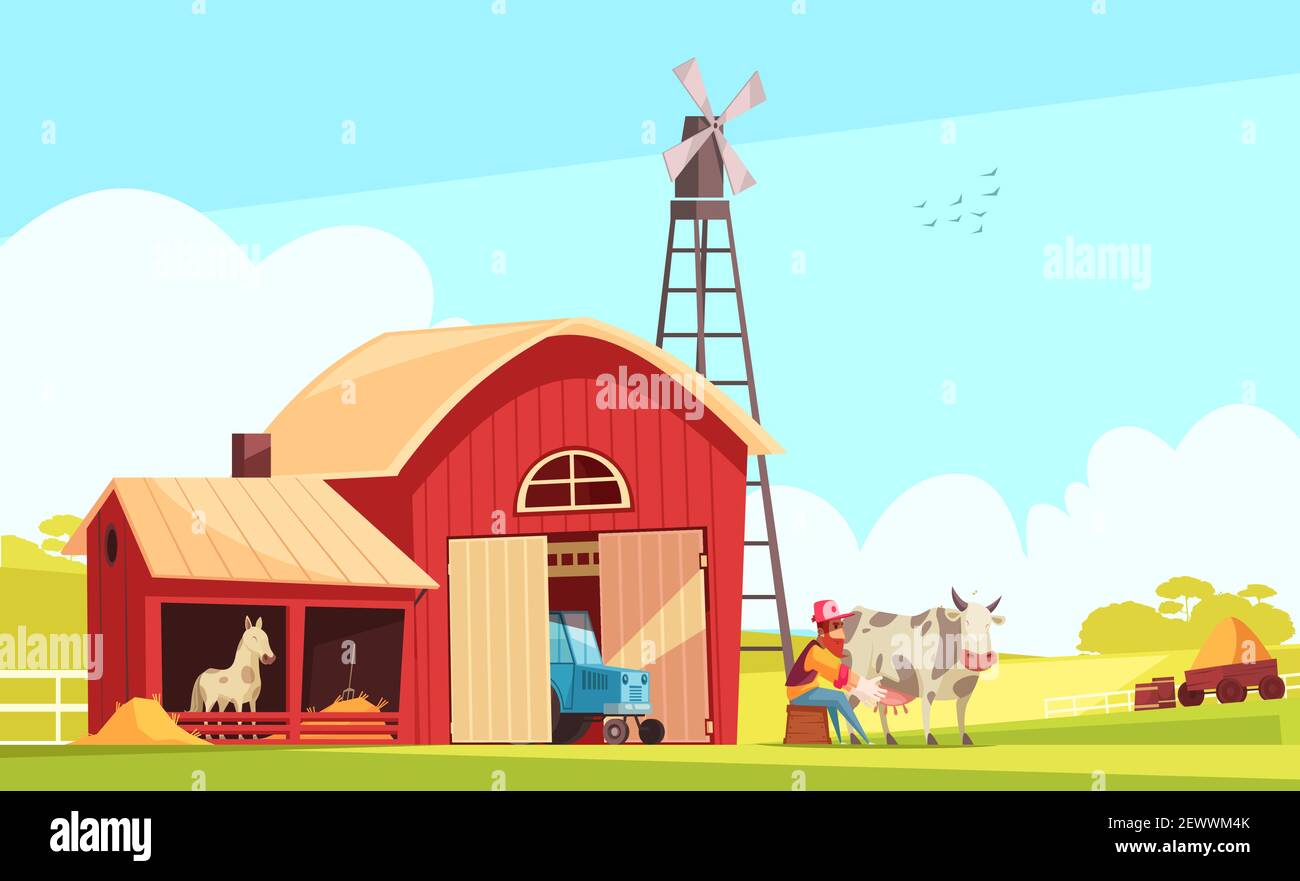 Milk Farm Zusammensetzung mit suburbaner Landschaft und Bauernhöfe mit Menschlicher Charakter des Landwirts Melkkuh Vektor-Illustration Stock Vektor