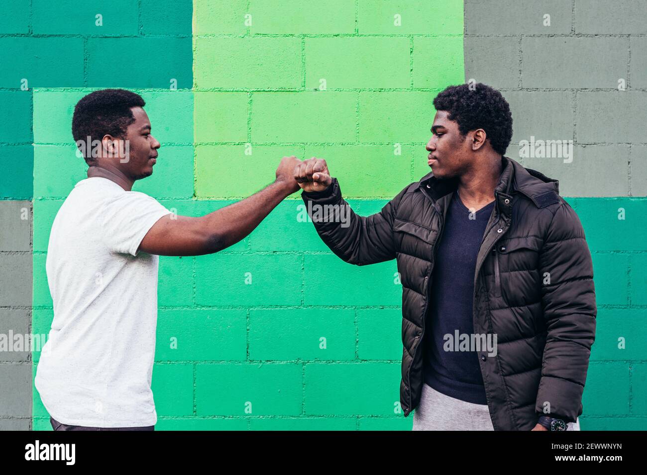 Porträt von zwei schwarzen Jungen, die Fäuste auf einem grünen Wandhintergrund stoßen. Stockfoto