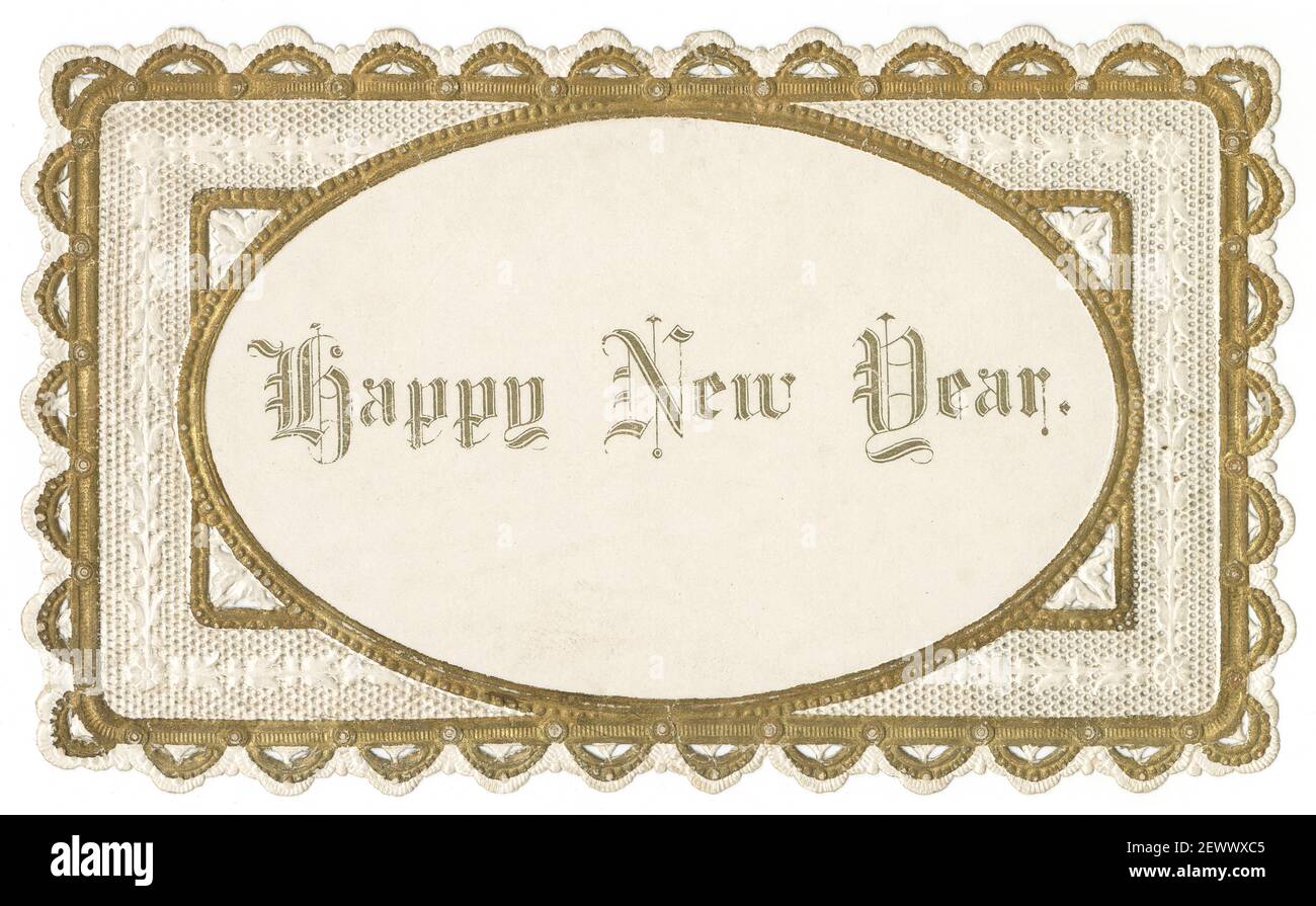 Antiker viktorianischer 'Happy New Year' Aufkleber. Stockfoto