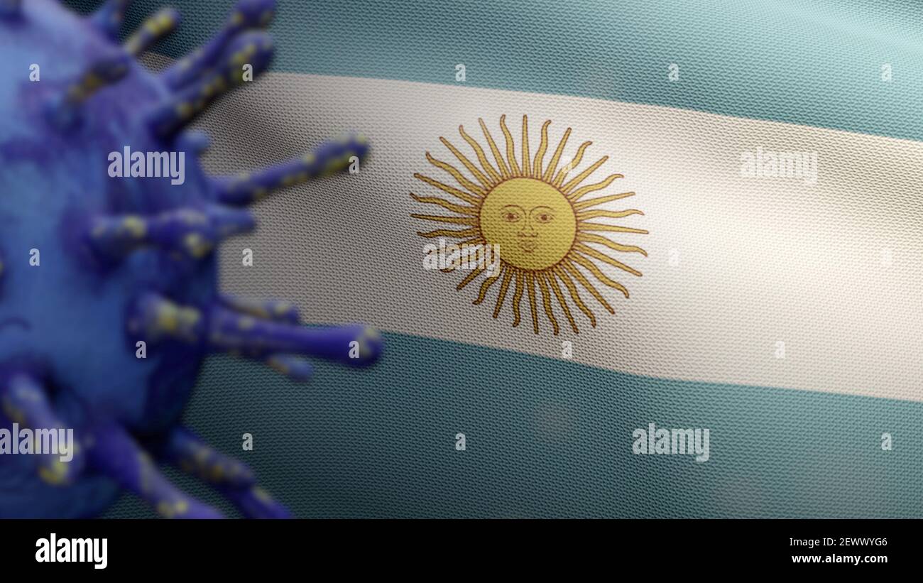 3D Illustration Argentinische Flagge winken und Coronavirus 2019 NCoV Konzept. Asiatischer Ausbruch in Argentinien, Coronaviren Influenza als gefährliche Grippe Strai Stockfoto