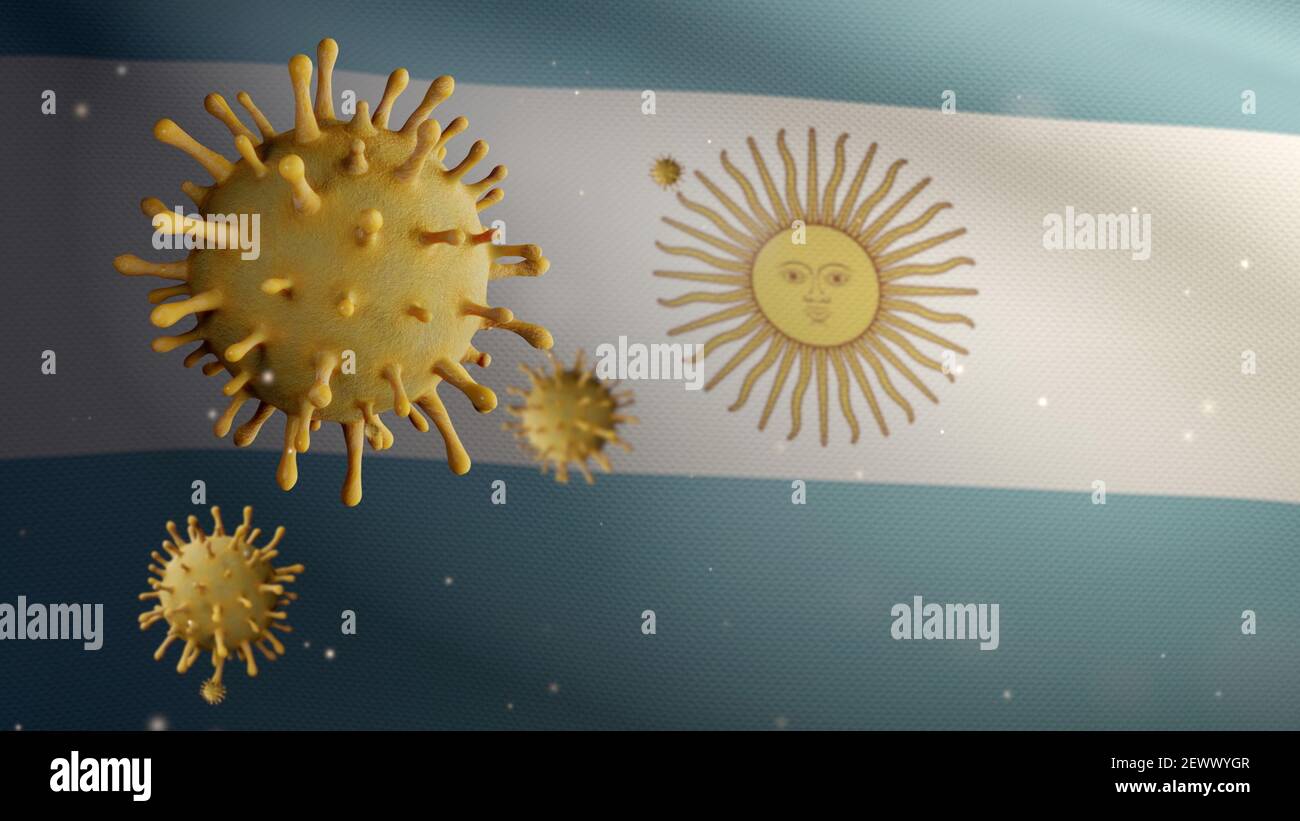 3D Illustration Argentinische Flagge winkt mit Coronavirus-Ausbruch infiziert Atemwege als gefährliche Grippe. Influenza Typ Covid 19 Virus mit na Stockfoto