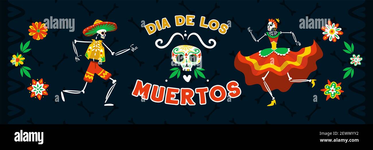 Mexikanische Dia muertos Tag tot Feier mit Tanz in nationalen Kostüme Skelette schwarz horizontale Banner Vektor Illustration Stock Vektor