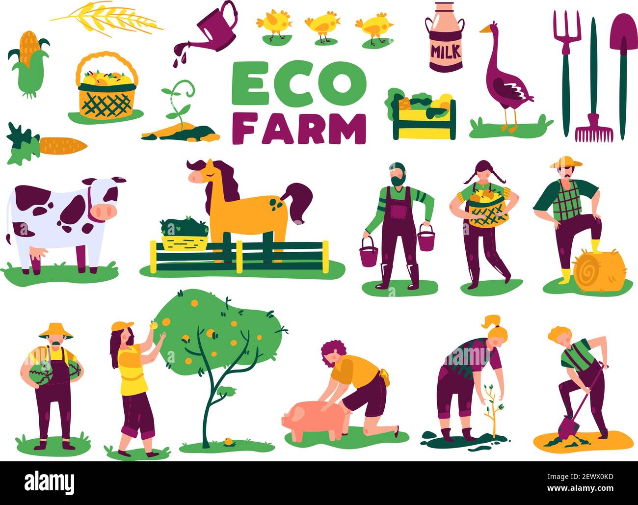 Eco Farming Ernte Set mit isolierten Bildern von Nutztieren Pflanzen und Doodle Zeichen von Menschen Vektor-Illustration Stock Vektor
