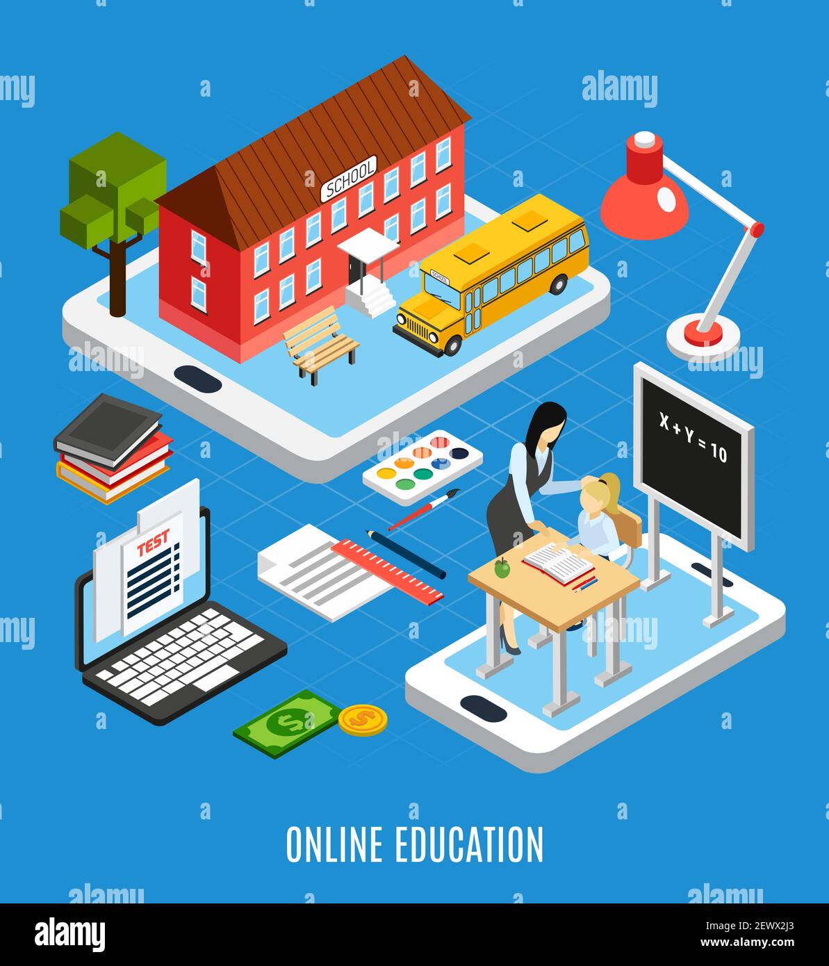 Online-Bildung isometrisches Konzept mit Schülern mit elektronischen Geräten für Studieren zu Hause 3D Vektor-Illustration Stock Vektor