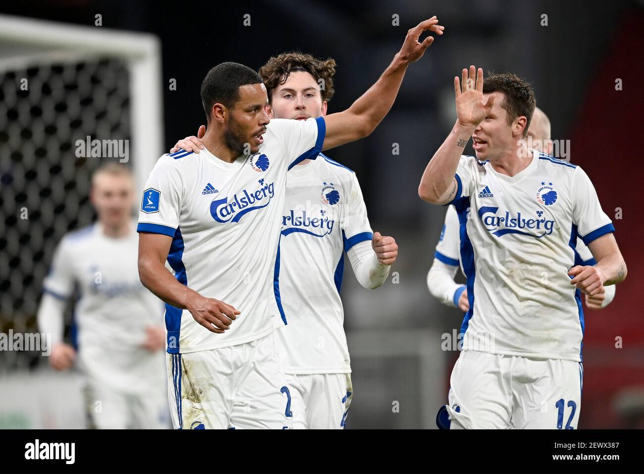 Kopenhagen, Dänemark. März 2021, 3rd. Mathias Zanka JÃ¸rgensen, FC Kopenhagen hat das Tor zu 1-0 erzielt und feiern mit Lukas Lerager, FC Kopenhagen während der Superleague Fußballspiel zwischen FC Kopenhagen und Vejle Boldklub in Telia Parken, Kopenhagen, Dänemark. Quelle: Lars Moeller/ZUMA Wire/Alamy Live News Stockfoto