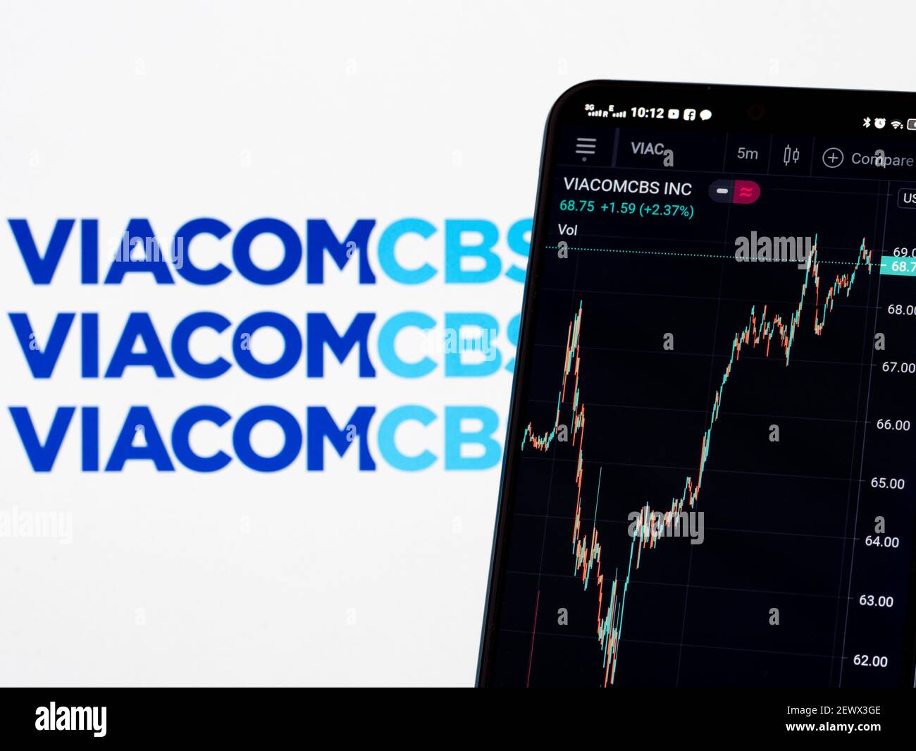 In dieser Abbildung ist eine ViacomCBS Inc Aktienmarktinformation auf einem Smartphone mit einem ViacomCBS Inc Logo im Hintergrund zu sehen. Stockfoto