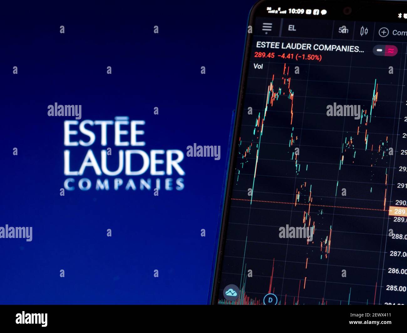 Ukraine. März 2021, 3rd. In dieser Abbildung ist die Börsengrafik der Estee Lauder Companies Inc auf einem Smartphone mit einem Logo der Estee Lauder Companies Inc im Hintergrund dargestellt. Kredit: Igor Golovniov/SOPA Images/ZUMA Wire/Alamy Live Nachrichten Stockfoto