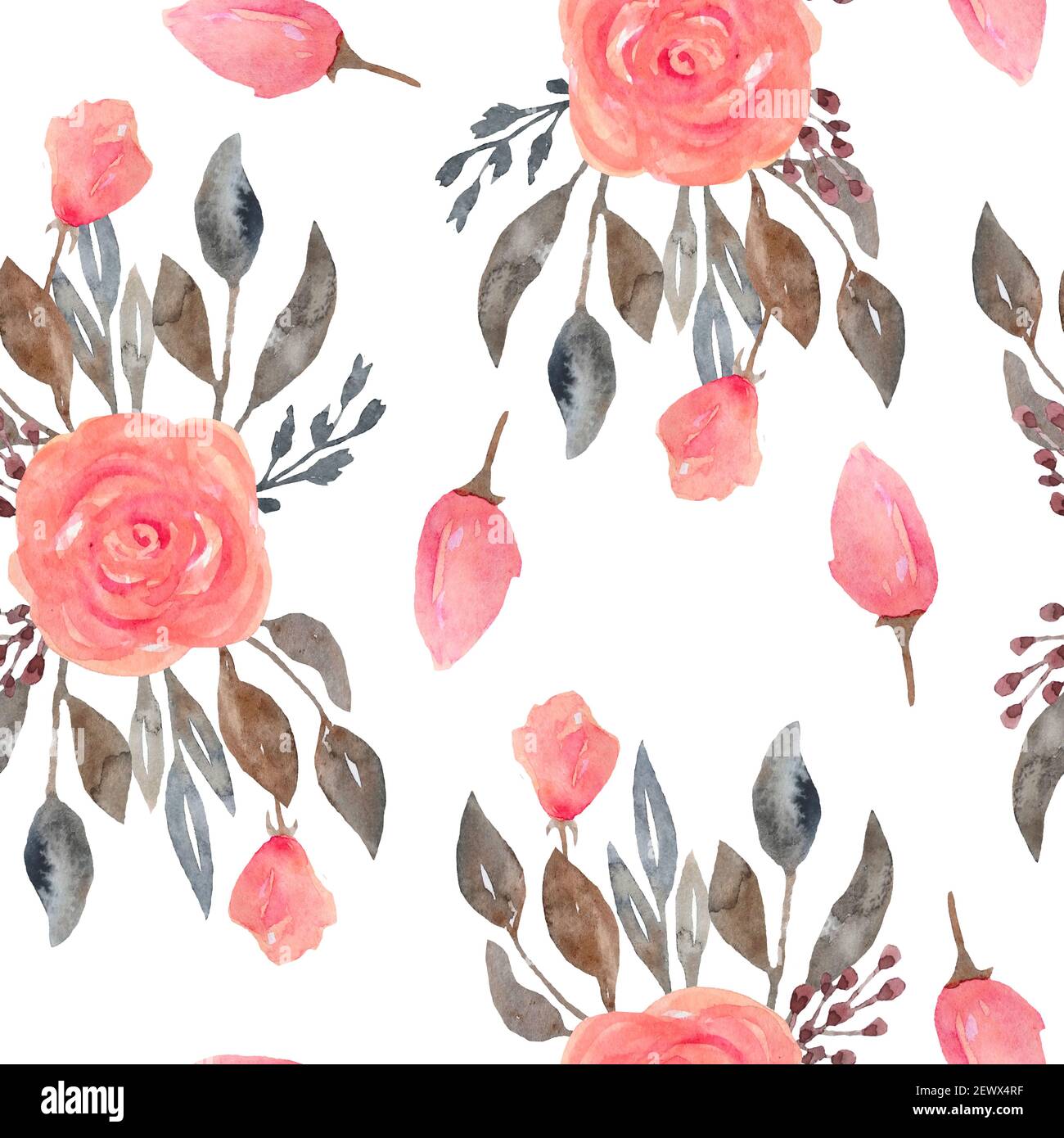 Aquarell nahtloses Muster aus rosa erröten Rosen Blumen und grau braun neutral verblasste Blätter. Blumensträuße, Blütenblätter blühen. Elegante Gartenblüten für textile Hochzeit Einladungskarten Tapete. Stockfoto