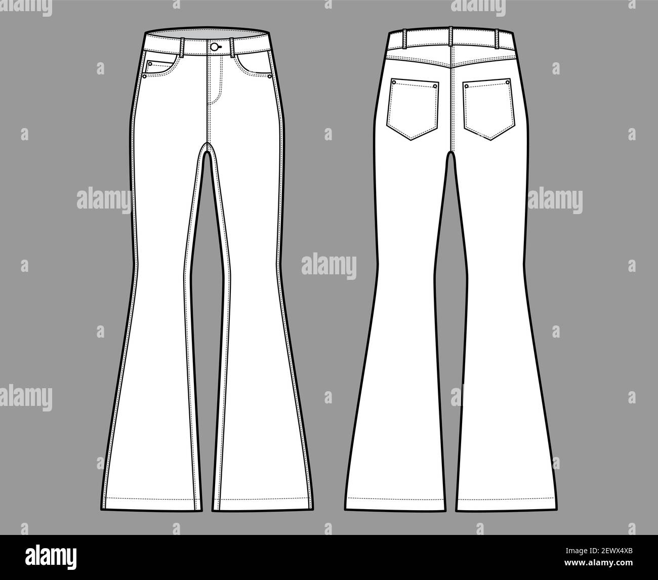 Jeans ausgestellter Boden Denim Hose technische Mode Illustration mit voller Länge, niedrige Taille, 5 Taschen, Nieten. Flatbottom Bekleidungsvorlage vorne hinten, weiß Farbe Stil. Frauen, Männer, Unisex CAD Mockup Stock Vektor