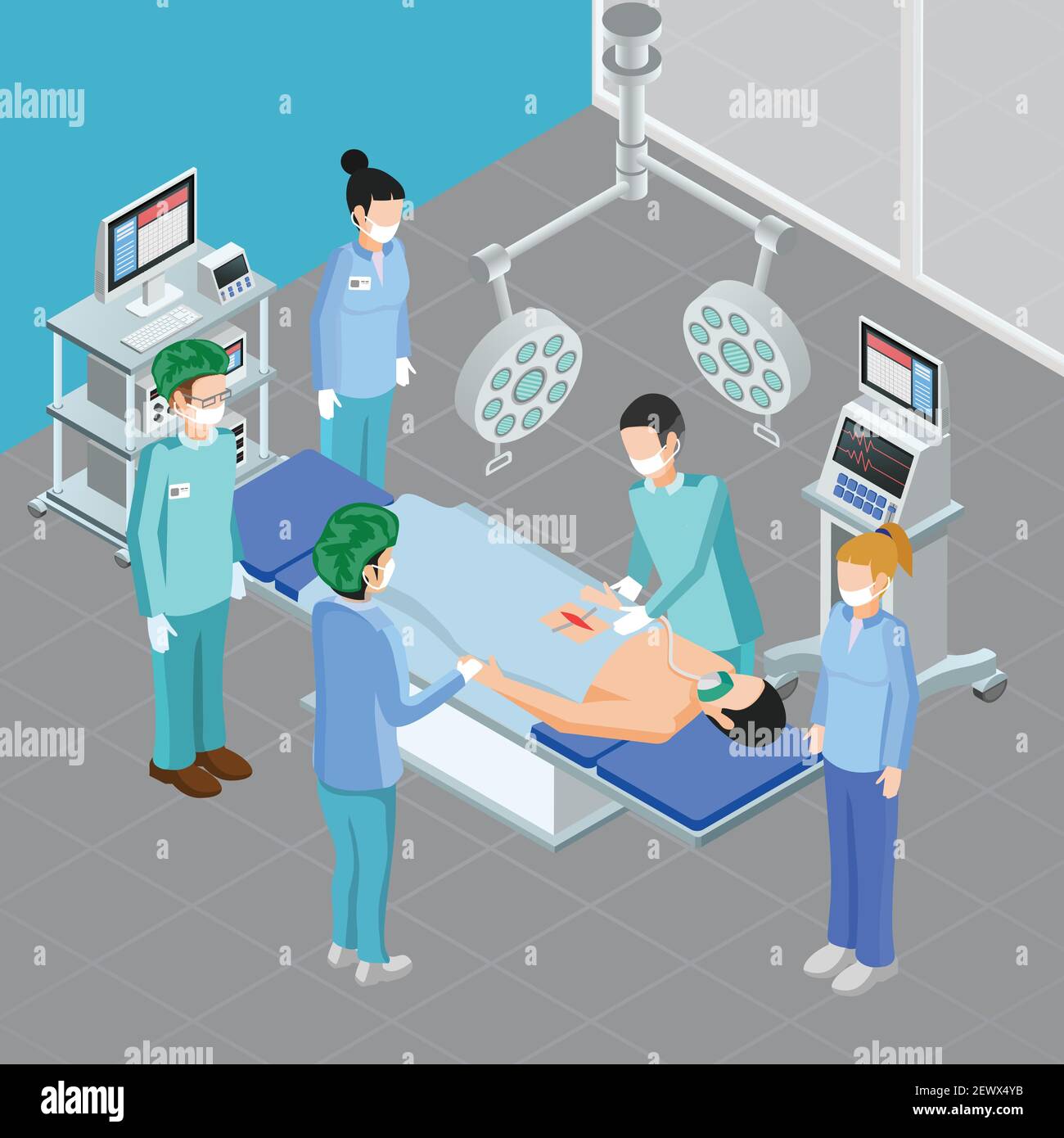 Medizinische Geräte isometrische Zusammensetzung mit Blick auf den OP-Raum mit Apparate und Personen während des chirurgischen Angriffs Vektor-Illustration Stock Vektor