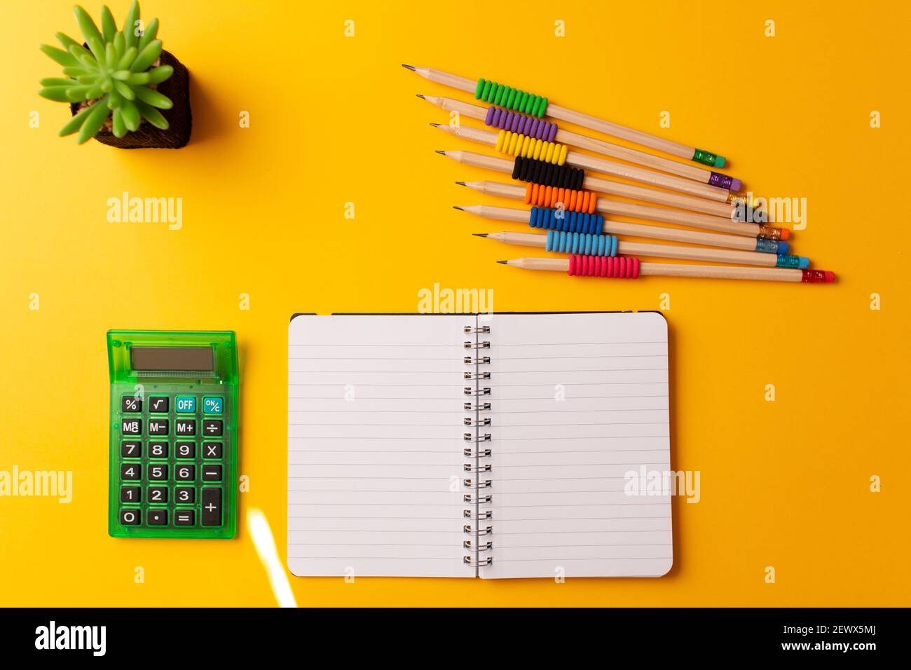 Eine Draufsicht auf ein Tagebuch, einen Taschenrechner, Bleistifte und eine Pflanze auf gelbem Hintergrund Stockfoto