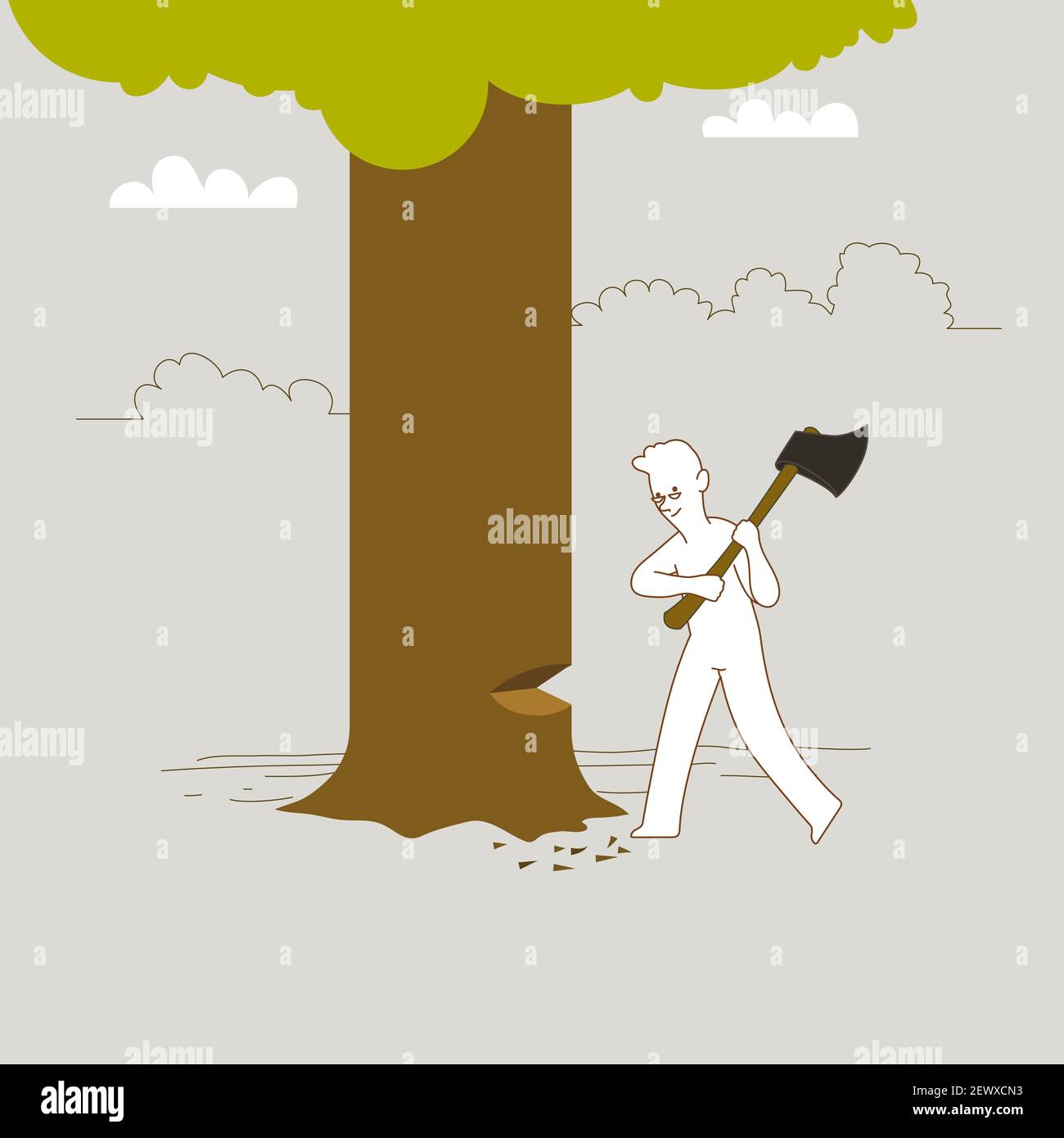 Mann schwingt große Axt am Baumstamm und hackt den großen Baum. Stock Vektor Mann schwingt große Axt am Baumstamm und hackt den großen Baum. Stock Vektor