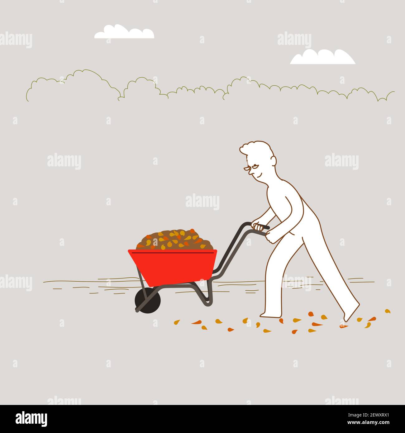 Mann schieben Schubkarre voll mit Schmutz und Schutt aus dem Garten. Gartenaktivität Ruhestand Konzept. Minimale Illustration. Stock Vektor