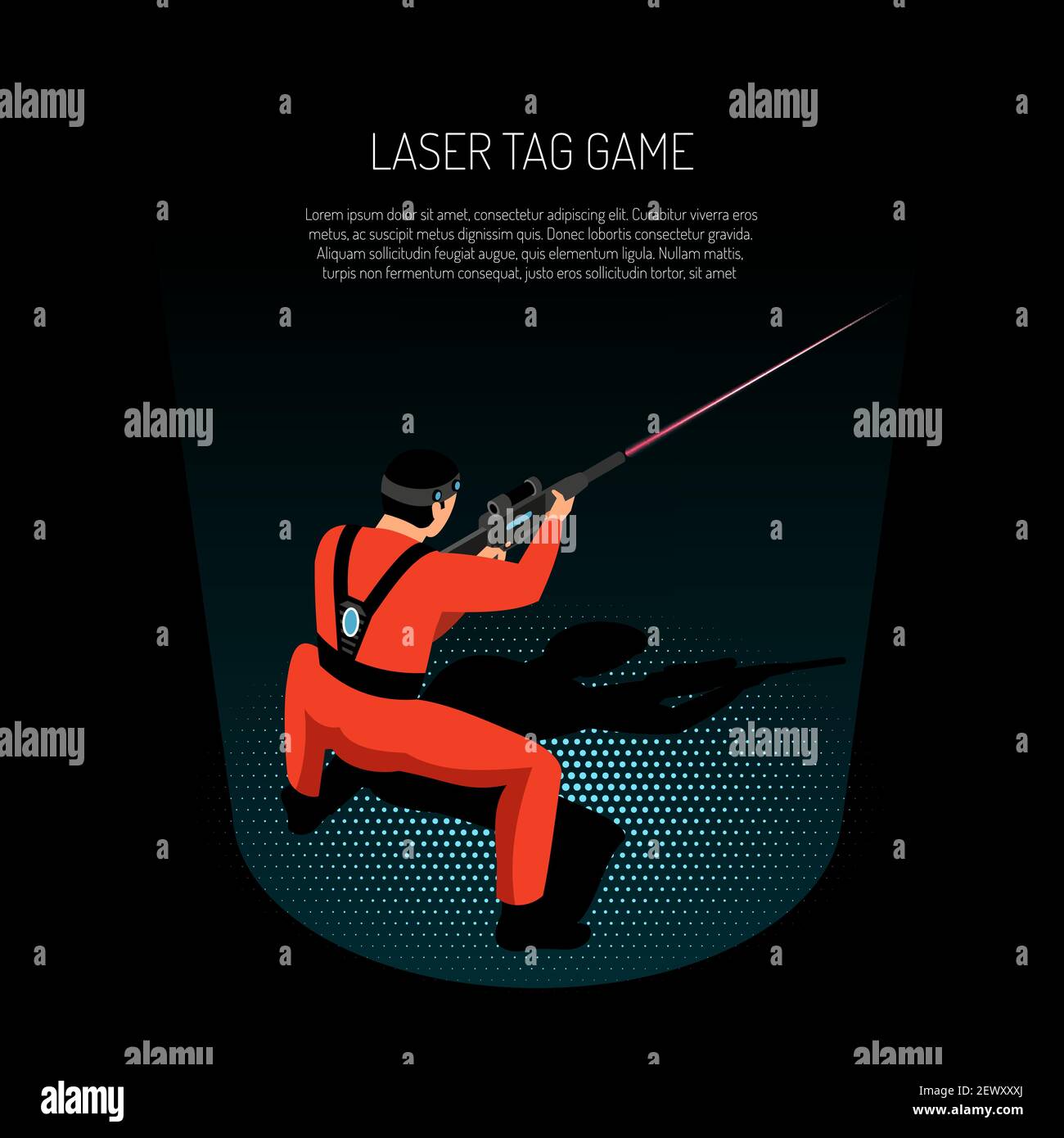Laser-Tag-Spiel isometrische Werbung Poster mit Spieler Brennen Ziel Mit Infrarot-Strahl schwarzen Hintergrund Vektor-Illustration Stock Vektor