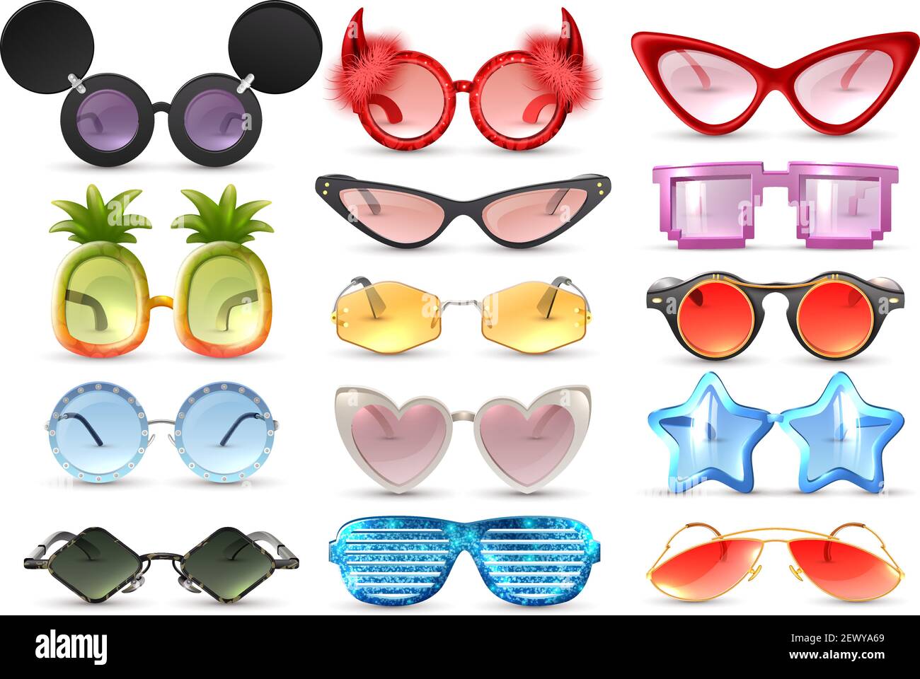 Karneval Party Maskerade Kostüm Brille Herz Stern Katze Auge geformt  Lustige Sonnenbrille realistische Satz isoliert Vektor Illustration  Stock-Vektorgrafik - Alamy