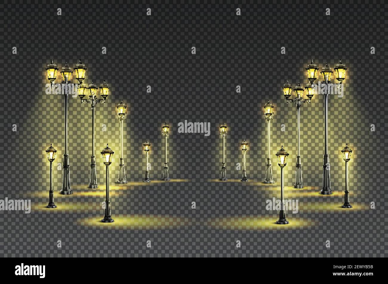 Outdoor Garten Straße klassische gelbe Beleuchtung mit großen und kleinen Laternen dunkel transparent Hintergrund realistische Vektor-Illustration Stock Vektor