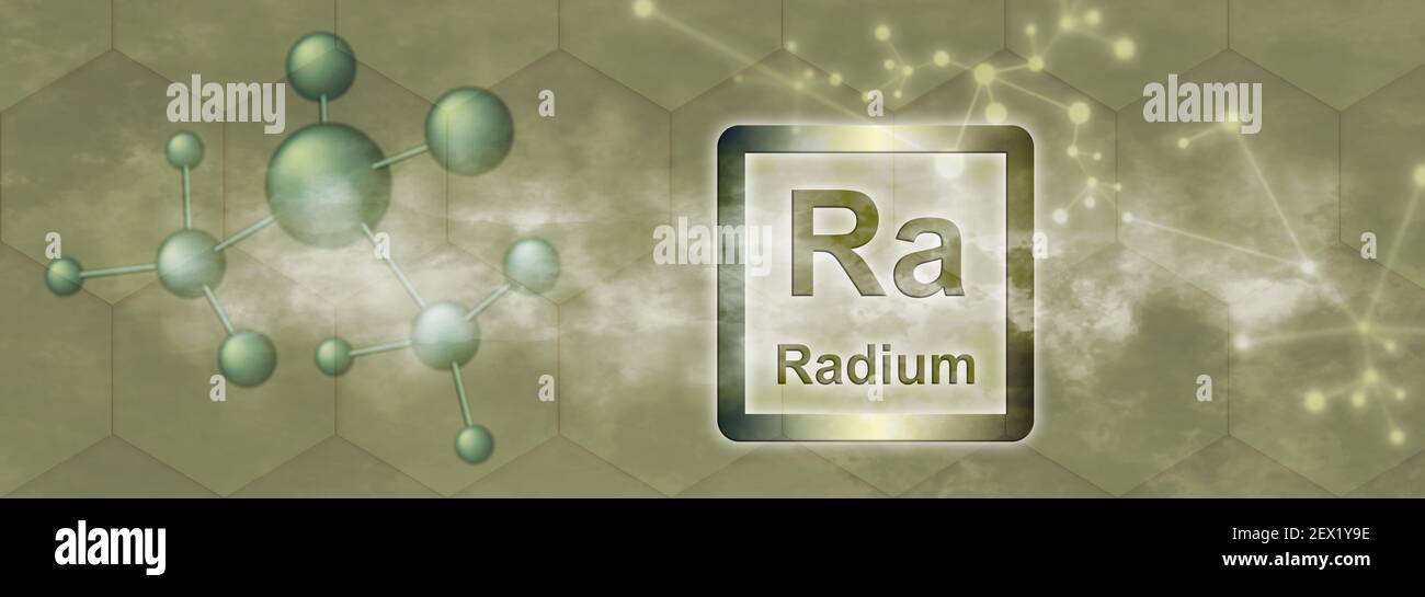 RA-Symbol. Chemisches Radium-Element mit Molekül und Netzwerk auf grauem Hintergrund Stockfoto