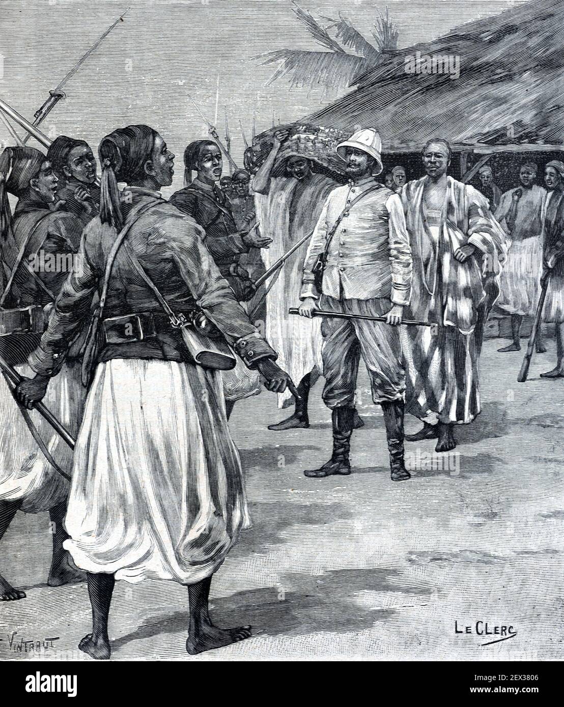 Erforschung Afrikas in Elfenbeinküste & Mali durch General Jean-Baptiste Marchard (1863-1934) und französischen senegalesischen Truppen oder Tirailleurs Sénégalais 1896 Vintage Illustration oder Old Engraving Stockfoto