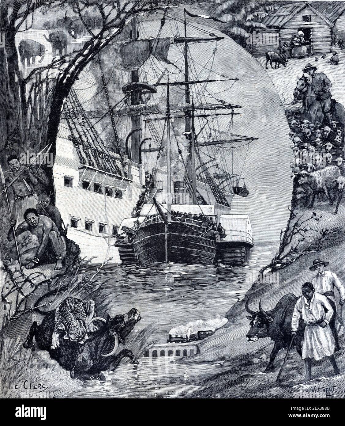 Illustration des französischen Kolonialreiches, der französischen Kolonisierung, des französischen Kolonialismus und der Überseegebiete 1896 Vintage Illustration oder Gravur Stockfoto