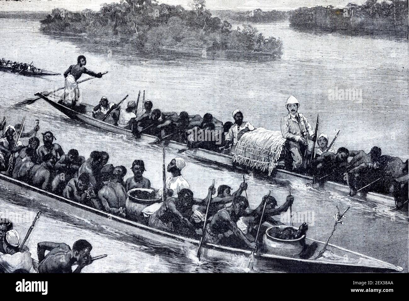 Kannibalen mit Töpfen menschlichen Fleisches auf Dugout Kanu auf African River (Kanu) Überholt von einem europäischen Entdecker im scond Canoe Africa 1896 Vintage Illustration oder Gravur Stockfoto