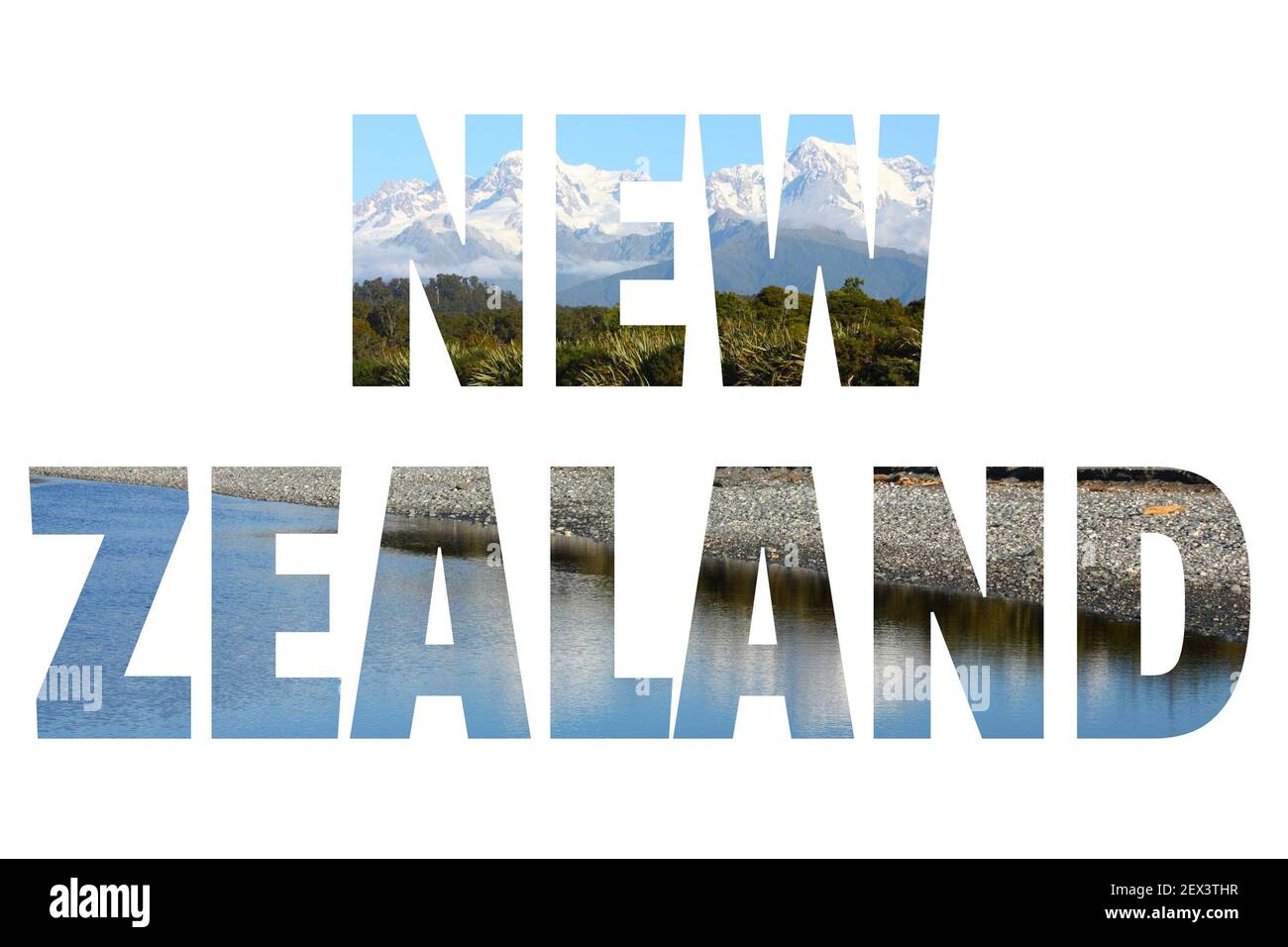 Neuseeland - Ländername mit Foto im Hintergrund. Isoliert auf weiß. Stockfoto