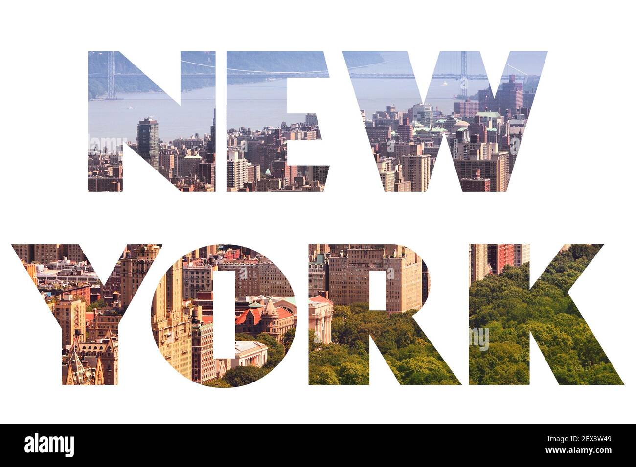 New Yorker Textschild - Stadtname mit Hintergrundfoto auf der Postkarte. Stockfoto
