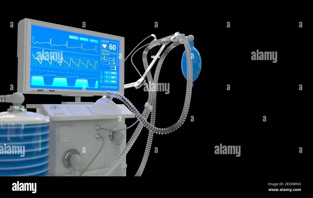 ITS-Lungenventilator mit Bett 3D Renderings isoliert auf Schwarz, Illustration Gesundheitswesen 3D Stockfoto
