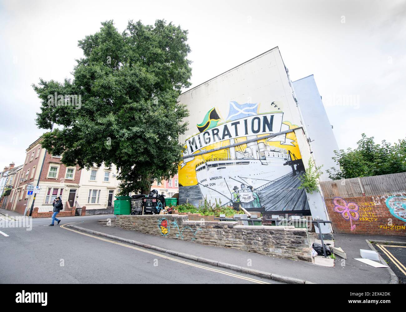 Das Windrush Wandgemälde in der St. Paul's Gegend der Stadt Bristol, Großbritannien Stockfoto