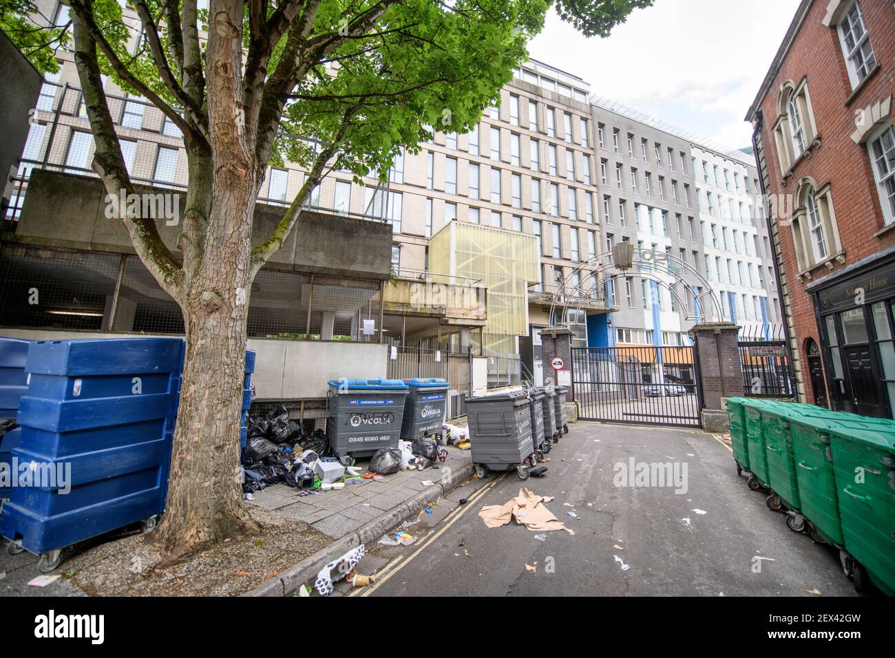 Mülltonnen und Müllbeutel in der Cumberland Street, Bristol Stockfoto