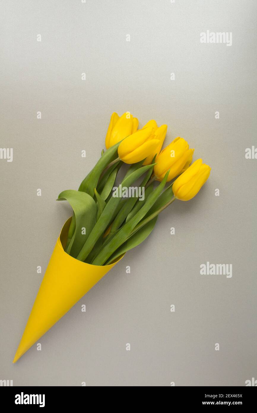 Nahaufnahme auf gelben Tulpen in einem Papier gelben Kegel auf Die graue Oberfläche Stockfoto